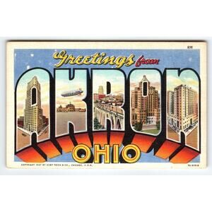 Greetings From Akron Ohio Large Big Letter Linen Postcard Curt Teich Unused